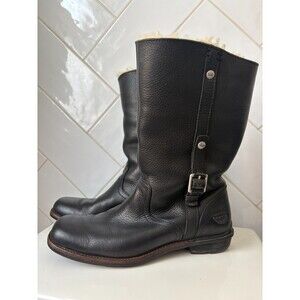 UGG Boots Black Leather Sz 8 Shearling Lined Moto Boots Mid Calf biker boots
